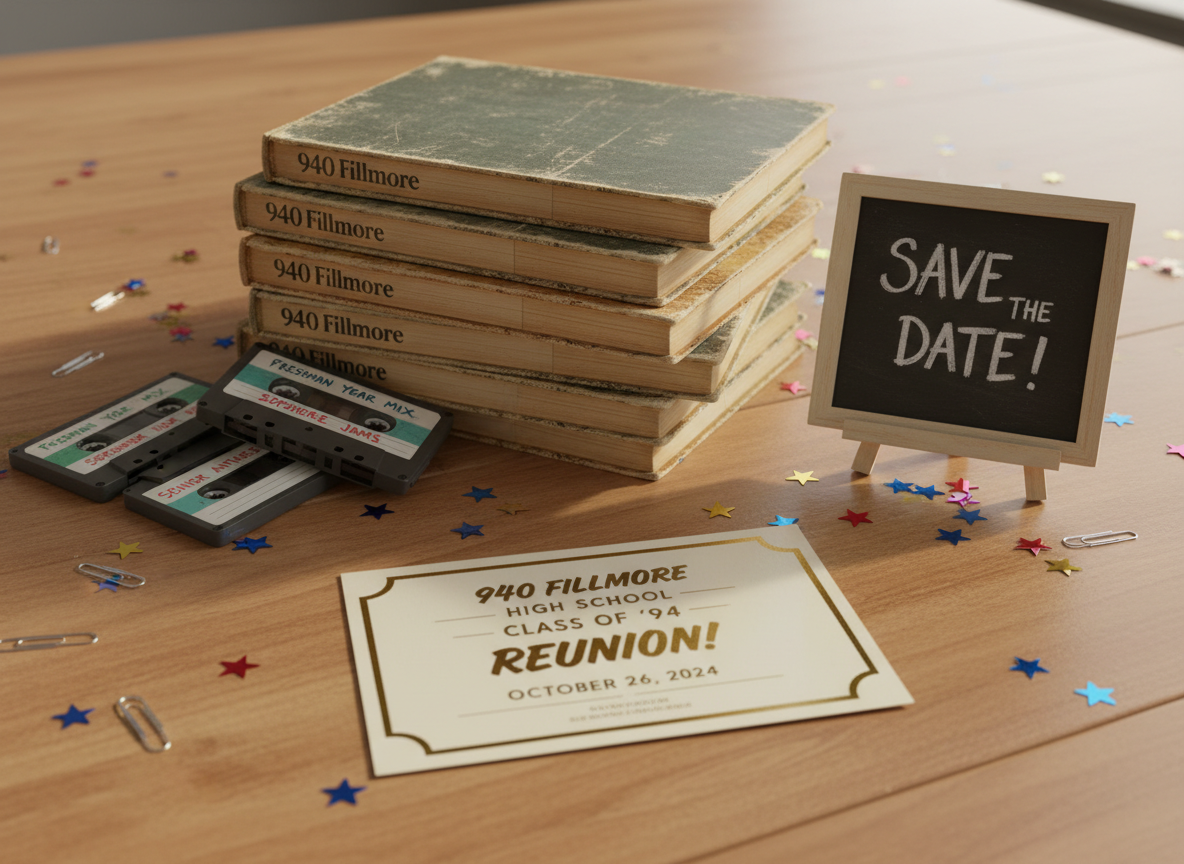 A colorful tabletop spread showcases an array of symbolic reunion items arranged with playful precision: a stack of well-thumbed yearbooks embossed with “940 Fillmore,” retro cassette mix tapes labeled with school years, a glossy invitation card for the upcoming reunion event, and a small chalkboard with “Save the Date” written in lively handwriting. Confetti stars and paperclips are scattered casually around. The scene rests on a honey-toned wooden table, illuminated by soft studio lighting that mimics warm afternoon sun, producing gentle highlights and minimal shadows. Photographic realism, shot from a slightly elevated angle with a moderate depth of field, creates an inviting, celebratory atmosphere perfect for a sign-up or call-to-action section.