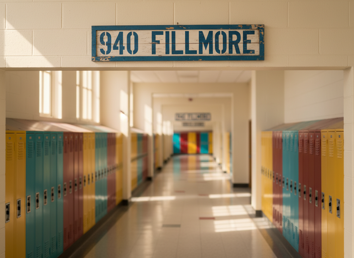 A weathered school hallway sign reading “940 Fillmore” in bold block letters hangs slightly askew on a cream-colored wall, its paint chipped just enough to show age without neglect. Below it, neat rows of brightly painted metal lockers in teal, mustard, and brick red extend into a softly blurred distance. Golden hour sunlight filters through unseen windows, creating warm streaks of light and reflections along the locker doors. Photographic realism with a slightly wide-angle, eye-level view captures depth and perspective. The mood is playfully nostalgic yet hopeful, evoking the feeling of walking back into an old school building for a long-awaited reunion.