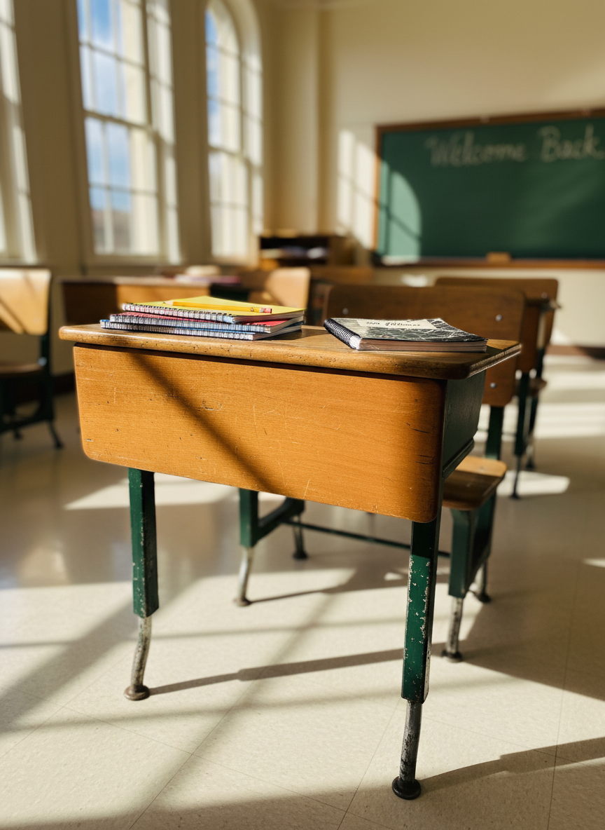 A lovingly preserved vintage wooden school desk with a slightly worn varnish, its metal legs scuffed from decades of use, sits in the middle of a bright classroom. On the desktop, colorful spiral notebooks, a classic yellow pencil, and a faded “940 Fillmore” composition book are neatly arranged. Sunlight from tall windows washes across the desk, casting long, soft-edged shadows on the polished linoleum floor. The chalkboard in the background is out of focus, with the words “Welcome Back” faintly visible in playful cursive. Photographic realism, eye-level composition, warm and nostalgic mood, shallow depth of field emphasizing the desk as the central symbol of shared school memories.