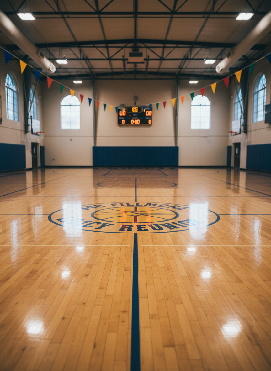 A polished wooden gymnasium floor stretches across the image, its basketball court lines crisply painted in school colors, converging toward a large center emblem that reads “940 Fillmore Legacy Reunion.” Above the emblem, a retro-style scoreboard glows softly in the distance, its numbers set to all zeros as if awaiting the big event. Colorful pennant banners hang from the rafters, slightly out of focus. Overhead spotlights bathe the court in warm, even light, creating subtle reflections on the glossy floor. Photographic realism with a wide, slightly elevated angle conveys anticipation and community spirit, capturing the playful energy of a school gym prepared for a reunion celebration—with no people present.